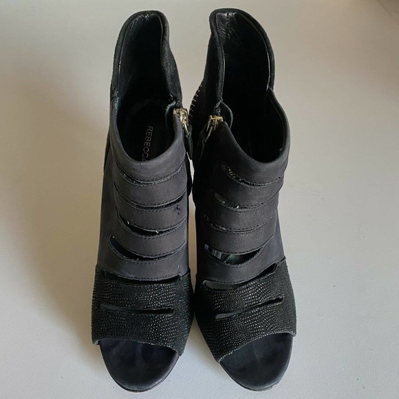 Rebecca Minkoff Reagan Too Peep Toe Combo Bootie heel Stud Cut Out Black… - Picture 3 of 8